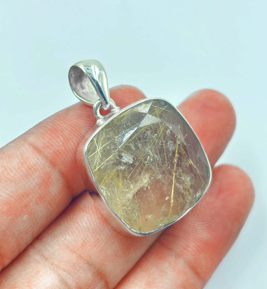 Golden Rutilated Quartz Gemstone 925 Sterling Silver Pendant Christmas Sale-image