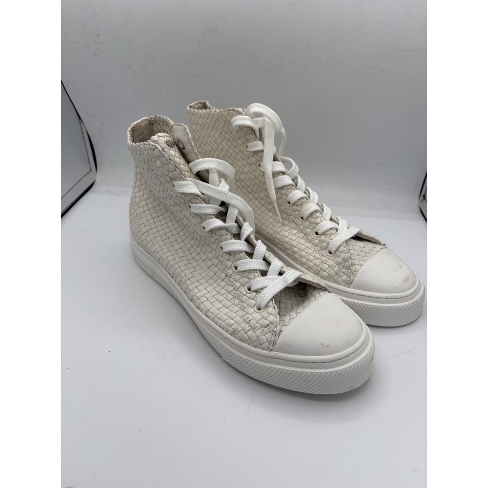 Stuart Weitzman Woven Leather High Top Sneakers Cream White Women's Size 8.5