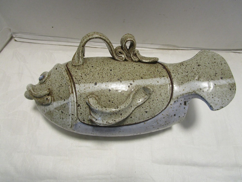 Vintage 1980s Handcrafted Glazed Pottery Lidded Fish Bowl Signed Studio Art