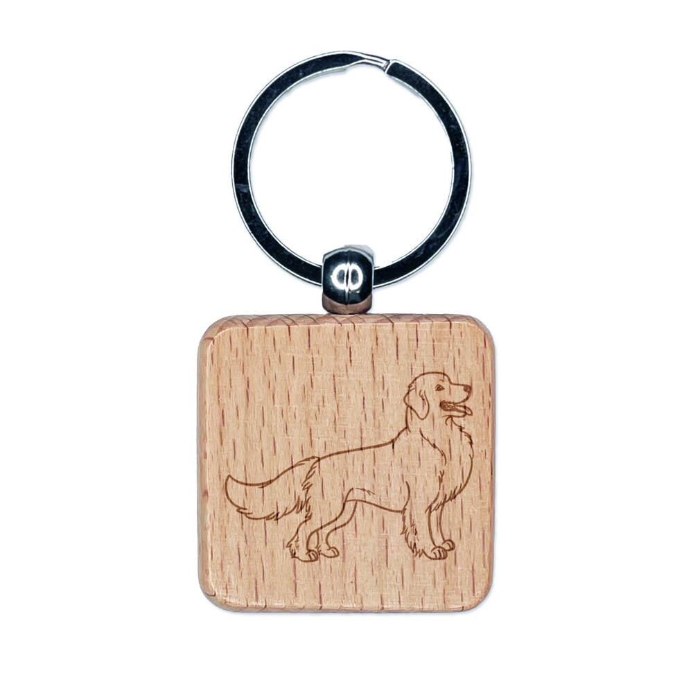 Friendly Golden Retriever Pet Dog Engraved Wood Square Keychain Tag Charm
