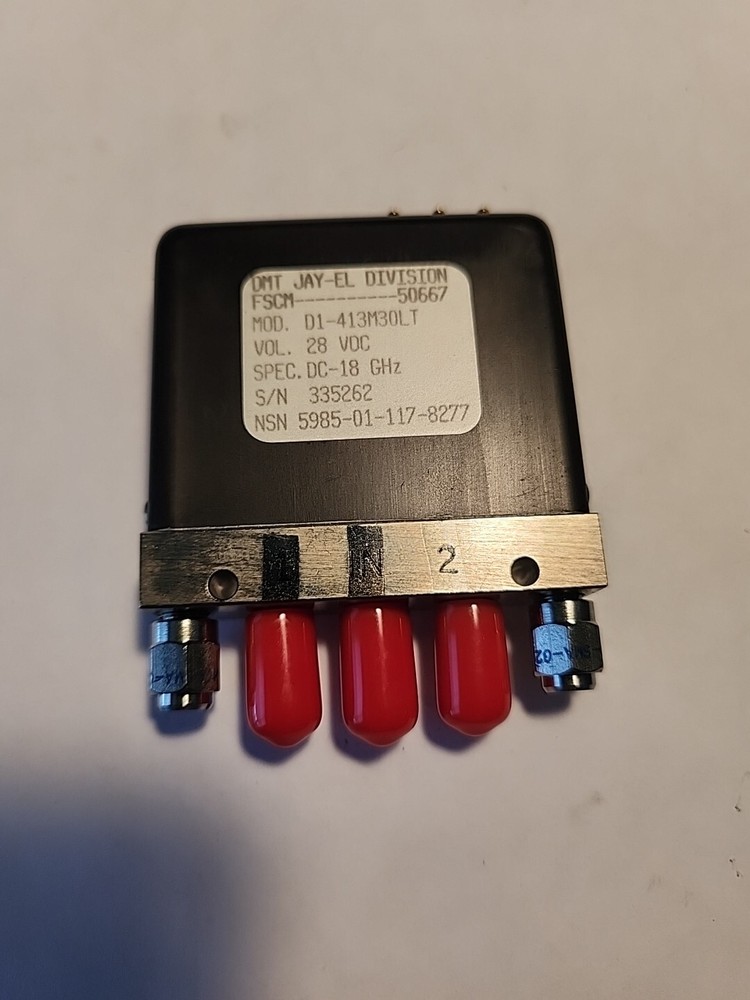 JAY-EL RF COAXIAL SWITCH 28 VOLTS DC, PN DI-413M30LT, NSN 5985-01-117-8277, NOS