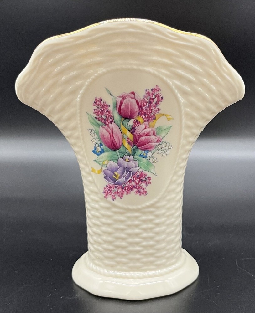 Lenox Vase -Floral Lilacs Tulips Flowers Basketweave Cream Flower Vase Gold Trim