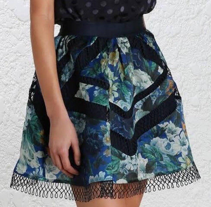 ZIMMERMANN Esplanade Spiral Mini Skirt Aline Floral Blue Size 0 Au 6-8