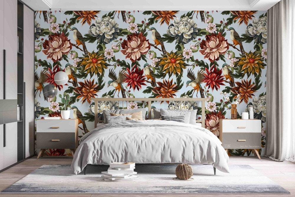 3D Baroque Style Flowers Birds Pattern Wall Murals Wallpaper Murals Wall Sticker