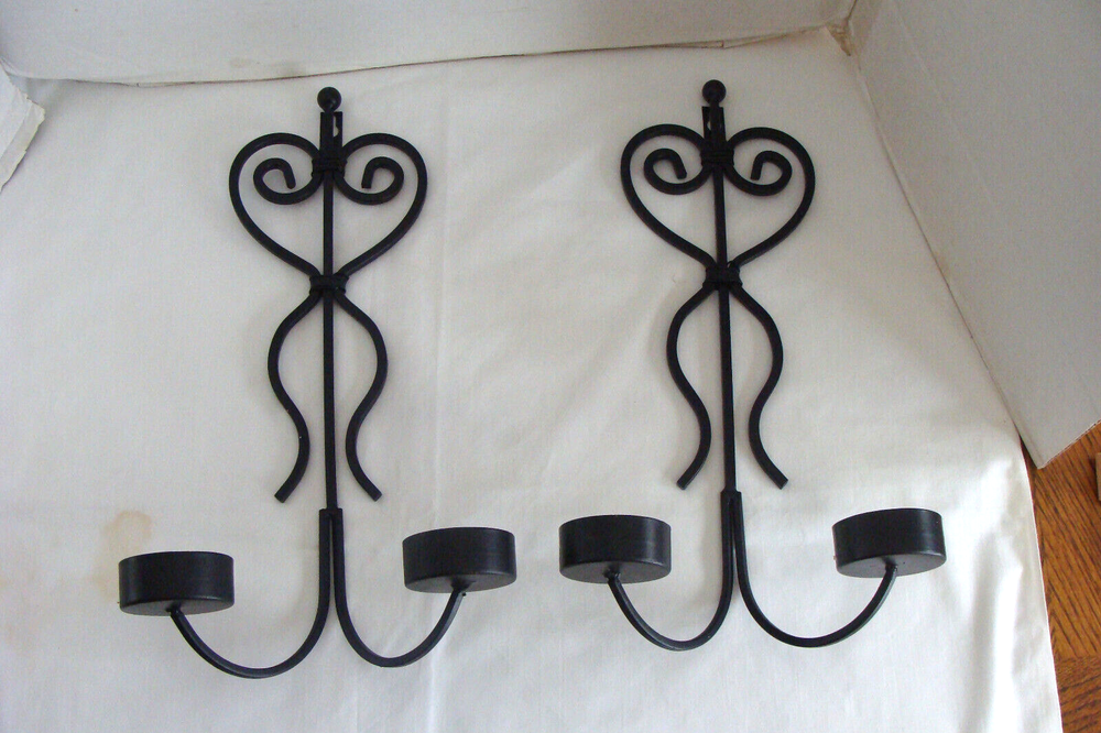 PAIR OF BLACK METAL WALL HANGING CANDLE SCONCES-EUC