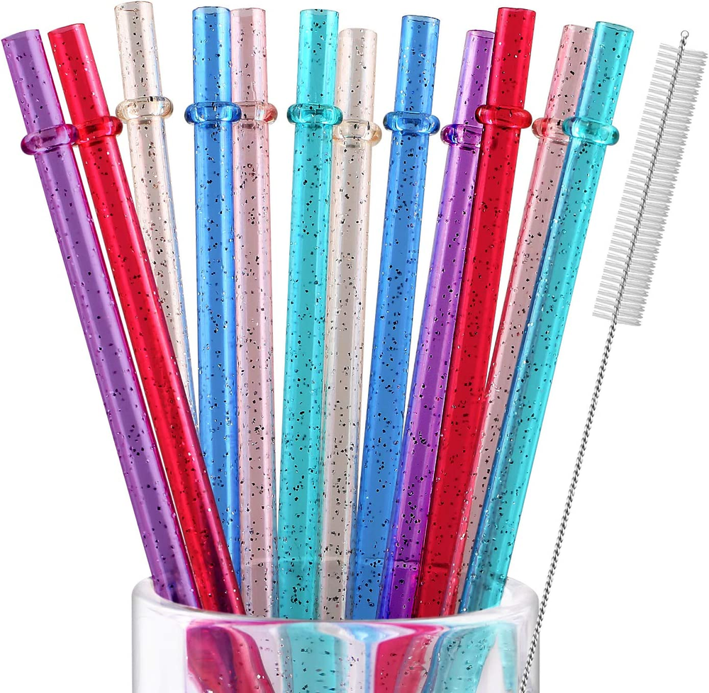 12-Pack 10-Inch Reusable Plastic Straws for Tall Glasses - 6 Bright Colors