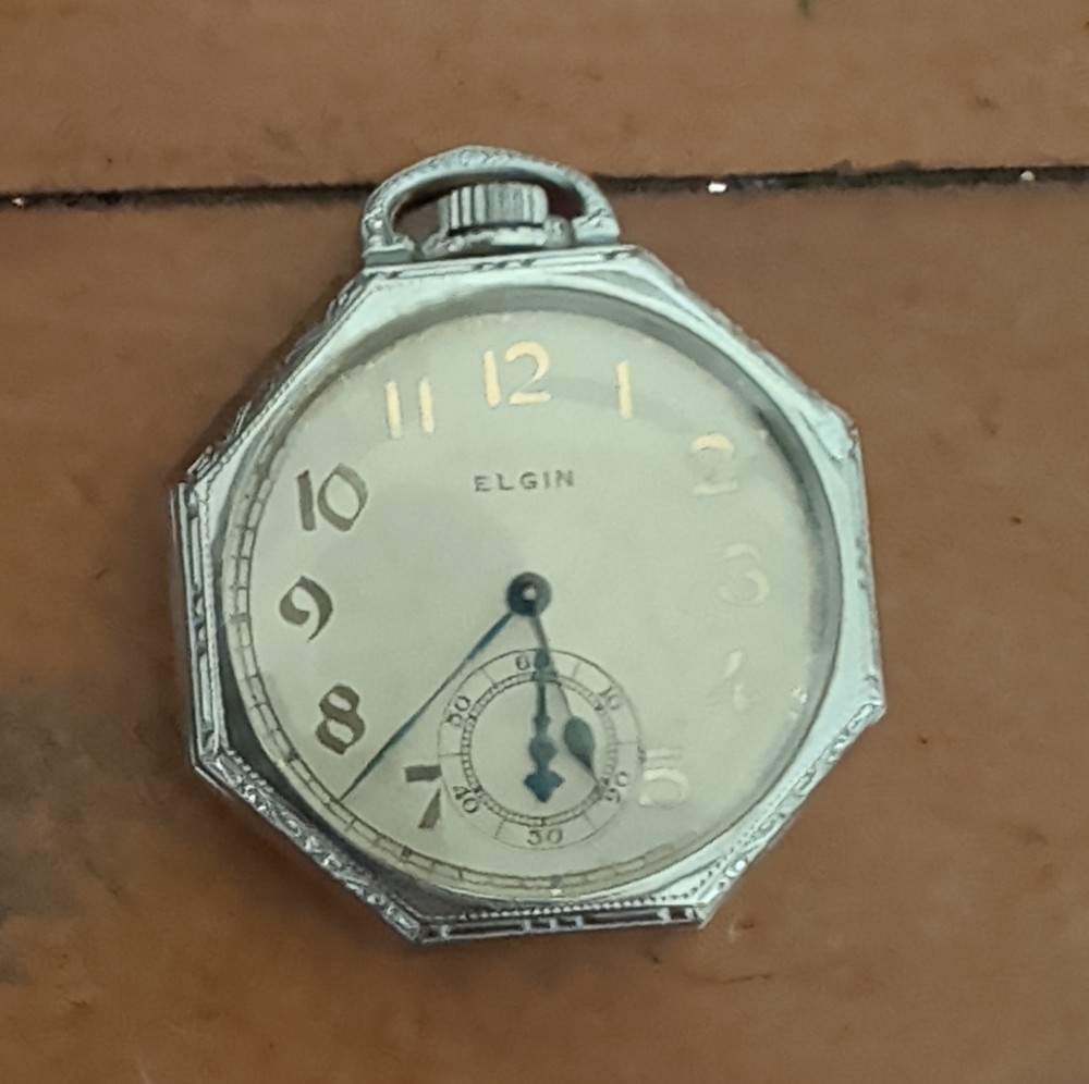 Elgin Art Deco Silver Pocket Watch White Dial Arabic Numerals Open Face