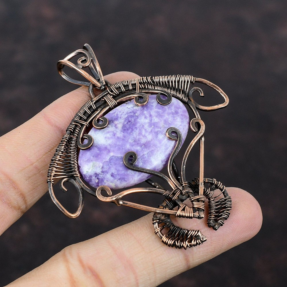 Copper Oval Lepidolite Gemstone Wire Wrapped Tortoise Pendant Christmas Sale-image