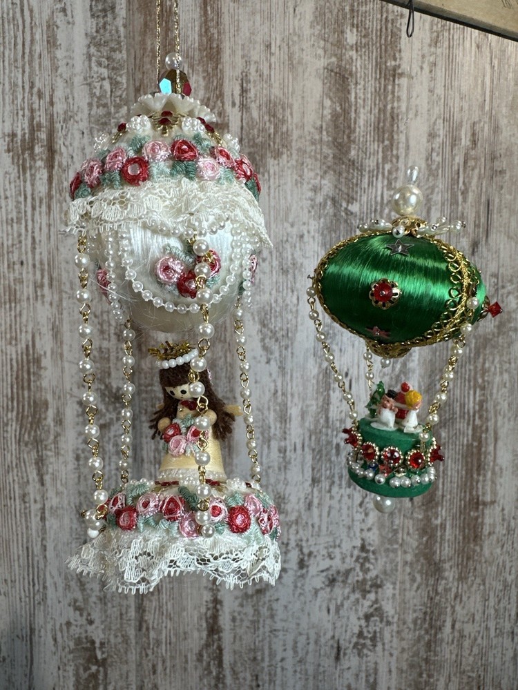 Vintage Handmade Beaded Hot Air Balloon Christmas Ornaments Lot of 2