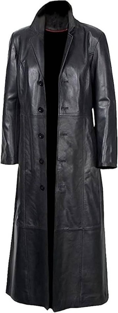 Handmade Black Leather Trench Coat for Men Halloween Party Theme MTC7a
