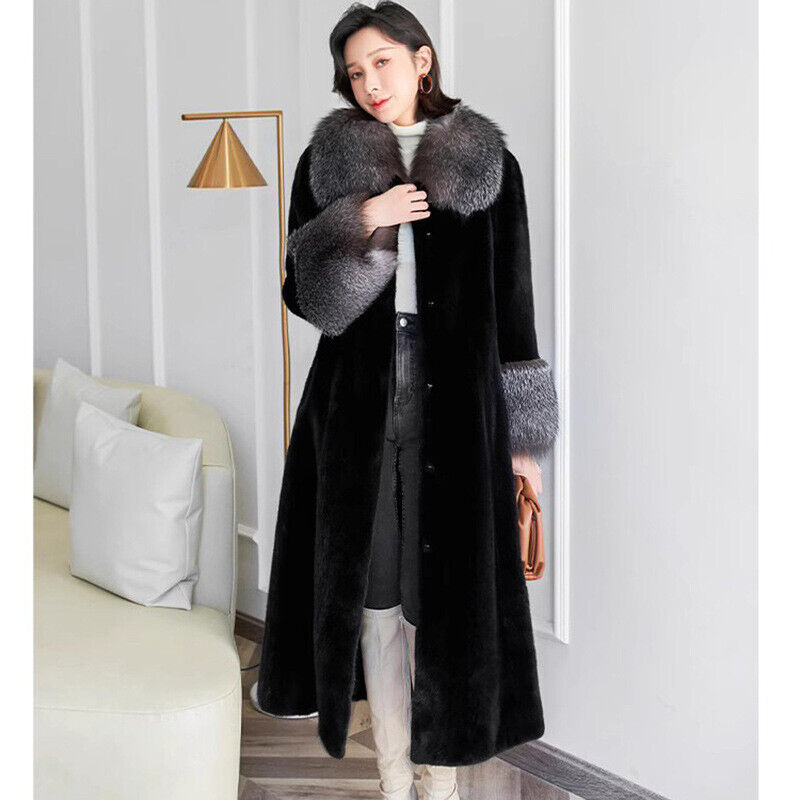 Women's New Fox Fur Collar Long Velvet Mink Fur Coat  Casual Warm Trench Coat