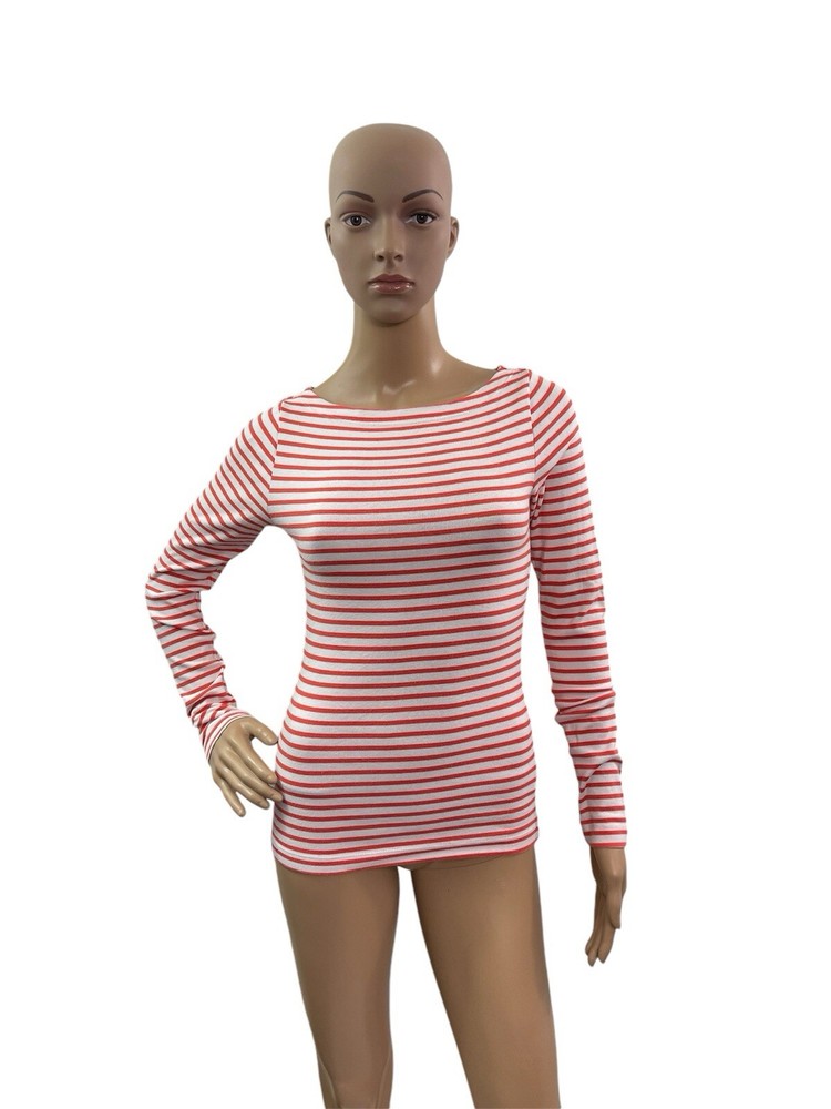 Gap Modern Tee Women’s Size XS Long Sleeve Round Neck Orange White Striped Tee