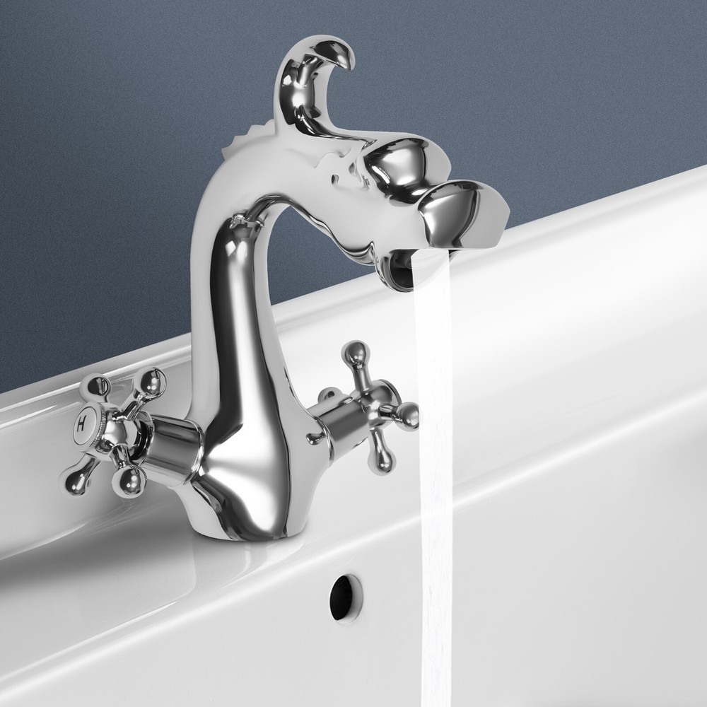 Silver Dragon Shape Two-Handle One Hole Bathroom Sink Mixer Tap Faucet Deck