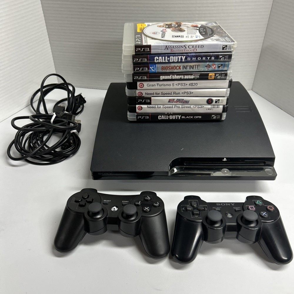PlayStation 3 Slim with 2 Controllers and 10 Games - Tested and Ready