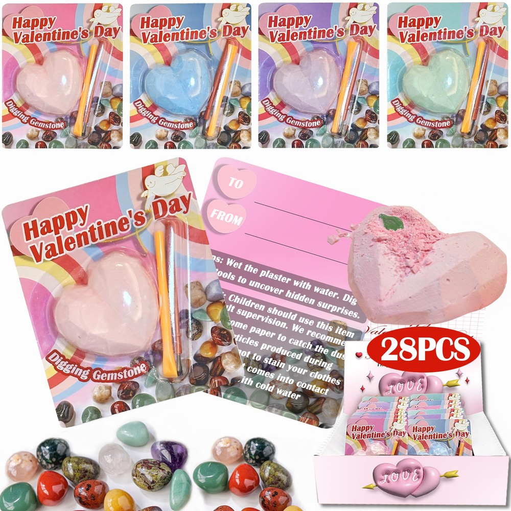 28 Packs Valentine's Day Cards for Kids, Heart Shaped Plaster Digging Kits wi...