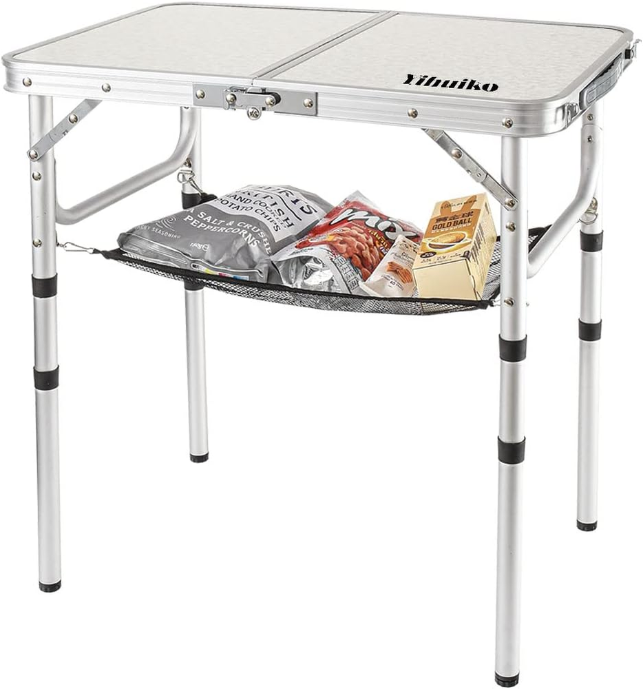 Adjustable Height 24x16in Camping Table with Mesh Layer and Portable Folding Design