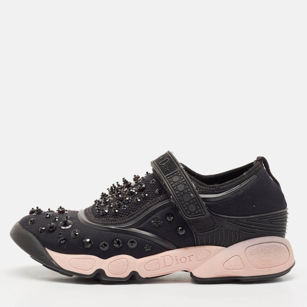 Dior Black Neoprene Mesh Fusion Embellished Strap Sneakers Size 37.5