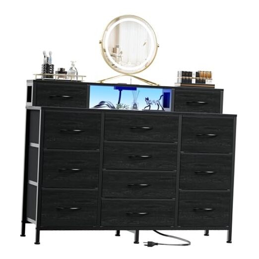 Black Oak LED Dresser with USB Charging 47 Inch Wide for Bedroom