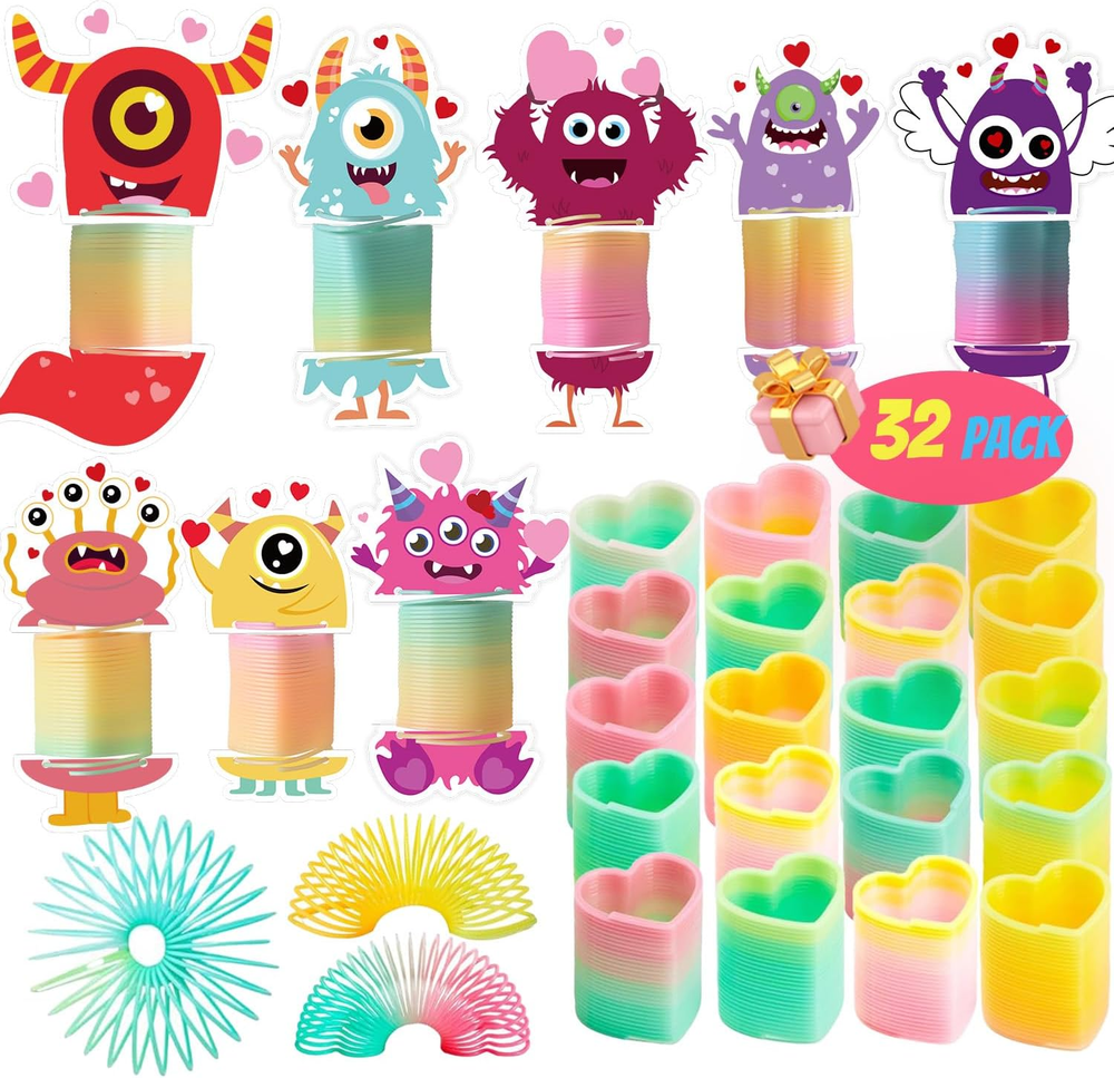 32-Pack Kids Valentine's Day Cards with Rainbow Springs and Fidget Coils for Stress Relief  
