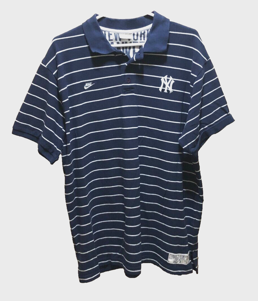 N.Y. Yankees 90s Vintage Blue Striped Logo Polo Shirt Size 2XL