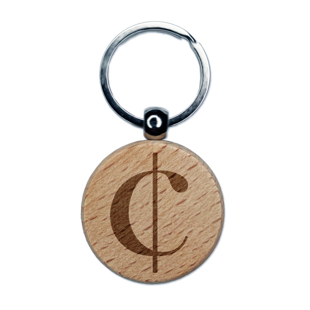 Cents Symbol Engraved Wood Round Keychain Tag Charm