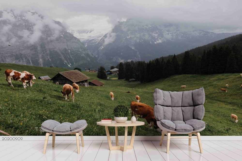 3D Mountain Grassland Cow Landscape Wall Murals Wallpaper Murals Wall Sticker