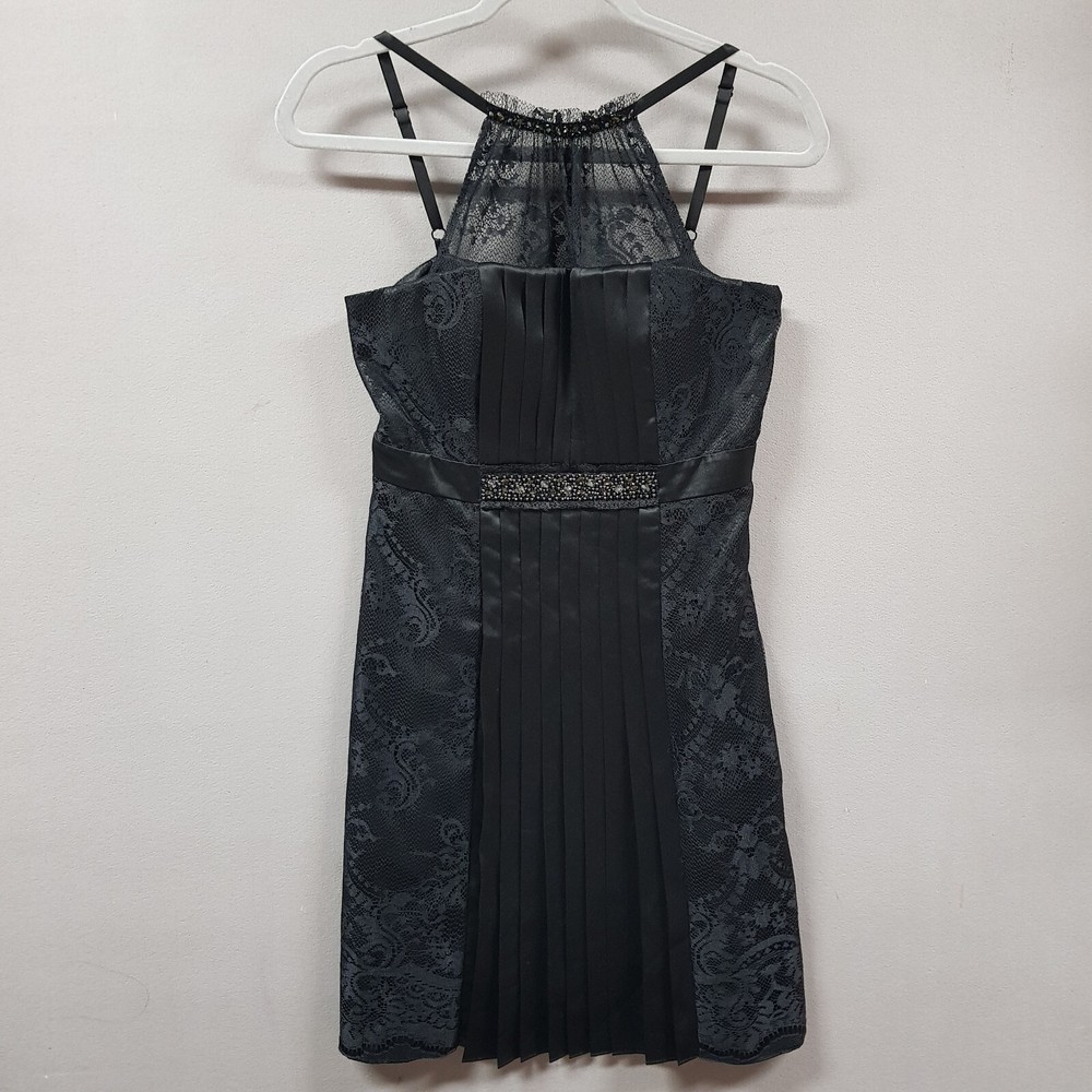BCBG maxazria Dress Women's size 6 Black Bejewelled Lace Satin Pleated Cocktail
