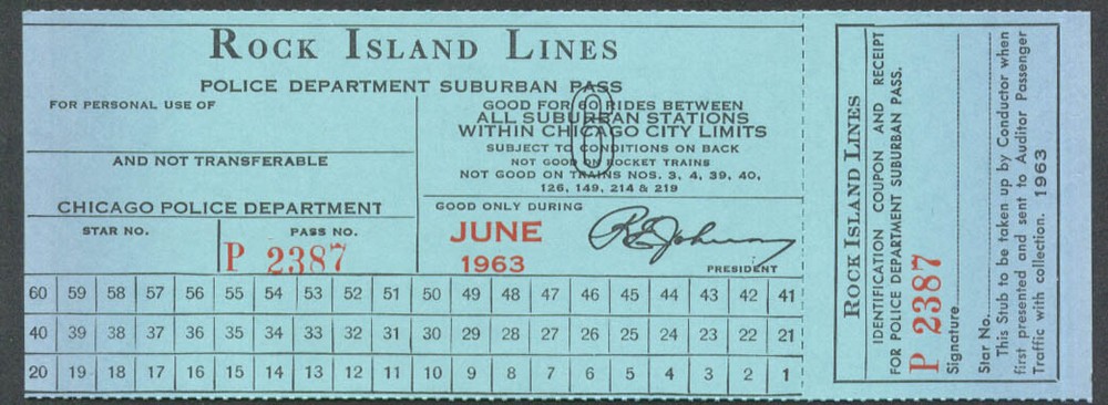 Rock Island Lines Police Department Suburban Pass Chicago City Limits 6 1963