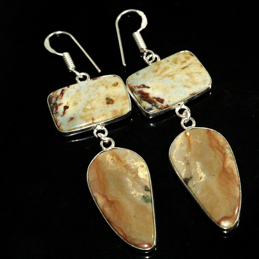 925 Silver Plated Picture Jasper Ethnic Long Earrings Jewelry Size 2.6