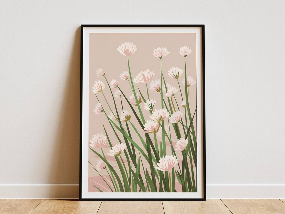 Pink Flowers Botanical Wall Art Minimalist Plant Print Floral Illustration