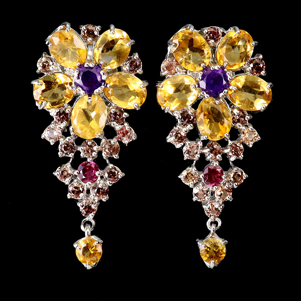 925 Sterling Silver Earrings with Oval Citrine Amethyst Sapphire Gemstones