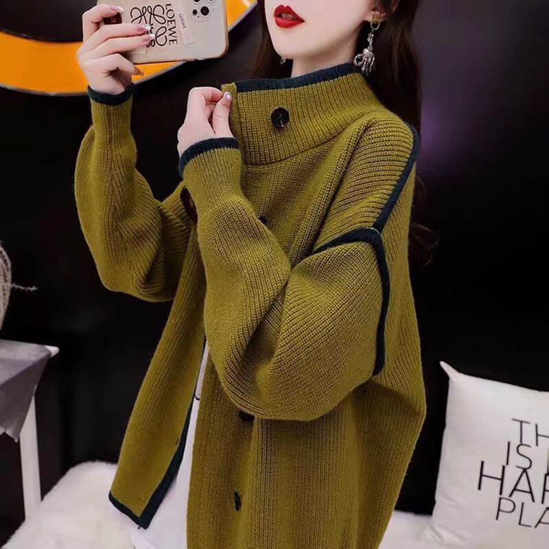 New Korean Knitted Coat Womens High Neck Sweater Loose Knit Warm Sweater Jacket