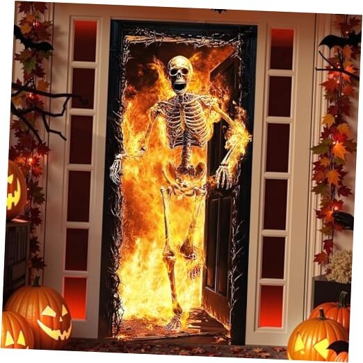 Halloween Decorations Door Cover, Scary Skeleton Escaping Fire Realistic