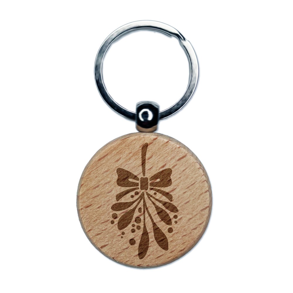 Christmas Mistletoe Engraved Wood Round Keychain Tag Charm