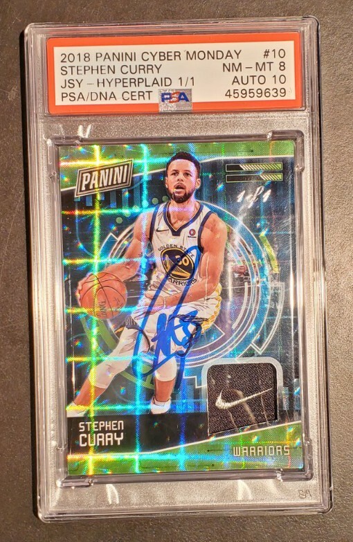 2018-19 Stephen Curry Cyber Monday Hyperplaid 1/1 Nike Logo PSA NM-MT 8 AUTO 10-image
