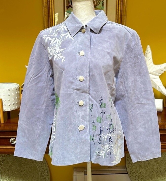 East Asian Periwinkle Oriental Motif XL Suede Leather Jacket Lined