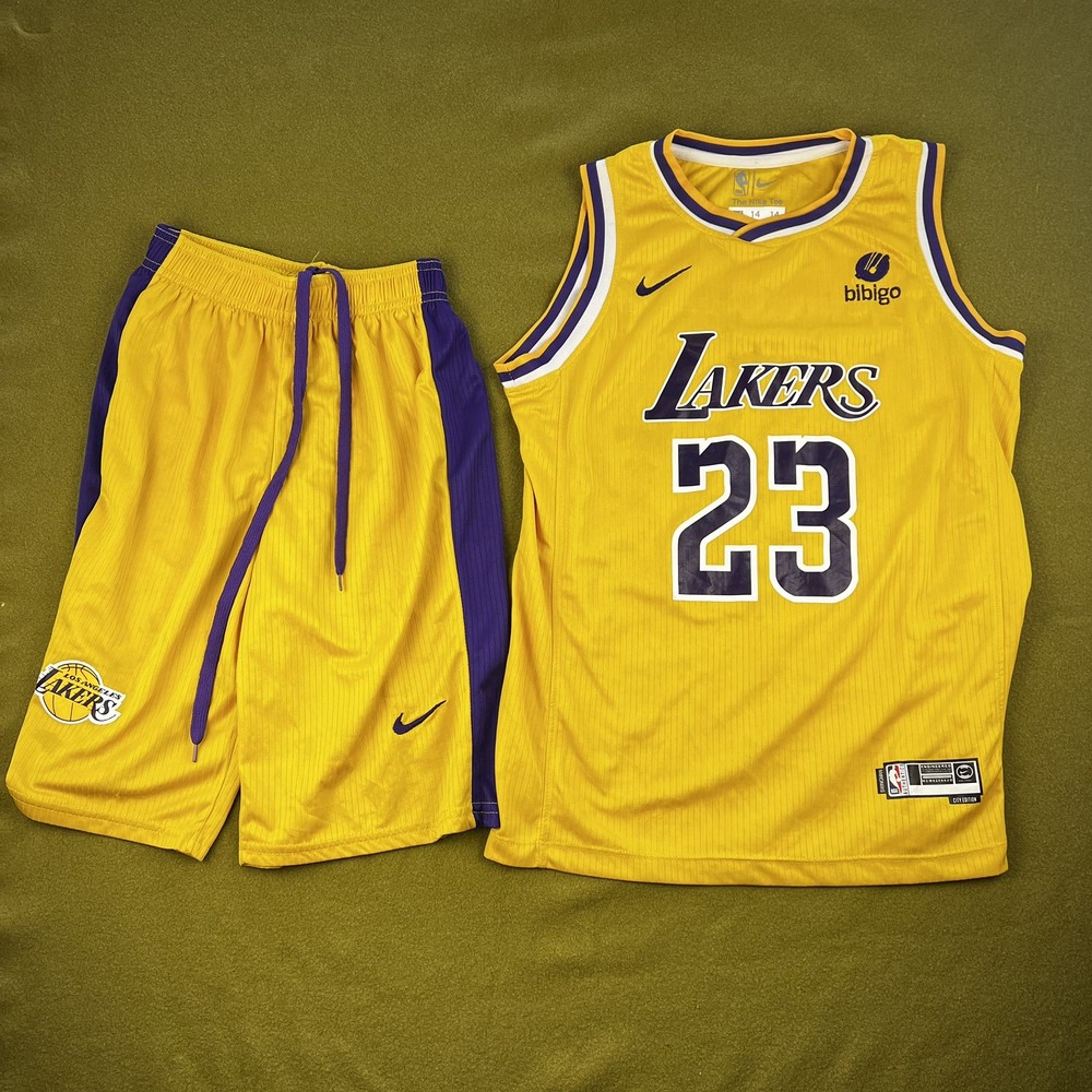 Nike NBA LeBron James Lakers Jersey shorts Youth 14 Yellow 23 2018 Icon Swingman