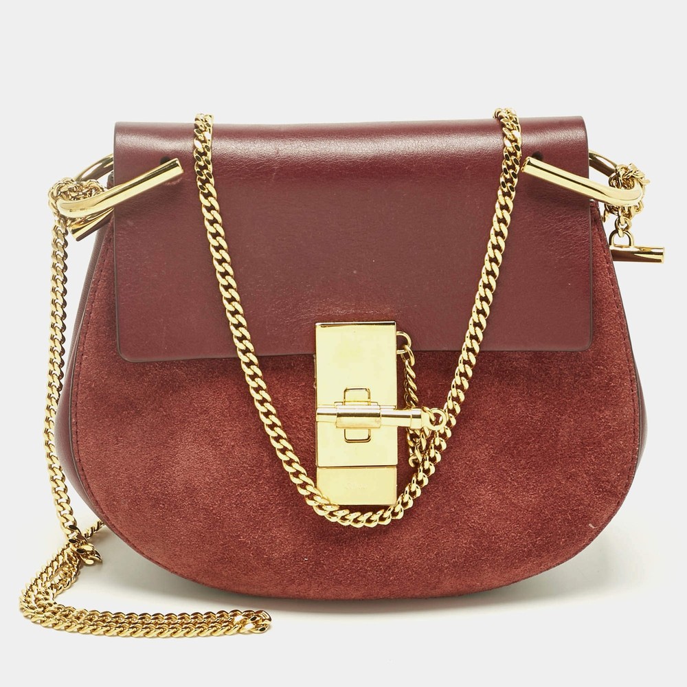Chloe Burgundy Suede and Leather Small Drew Shoulder Bag