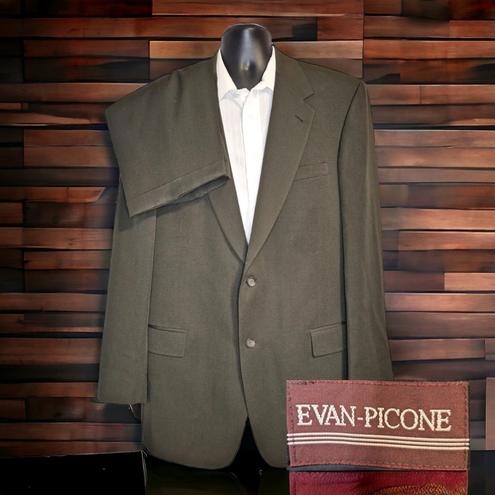 Evan Picone 2 Piece Suit Mens 44XL 36X34 Solid Green Wool Ventless