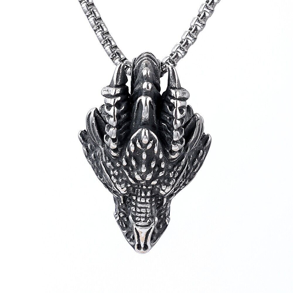 Mens Stainless Steel Vintage Dragon Head Pendant Necklace 24‘’Box Chain Jewelry