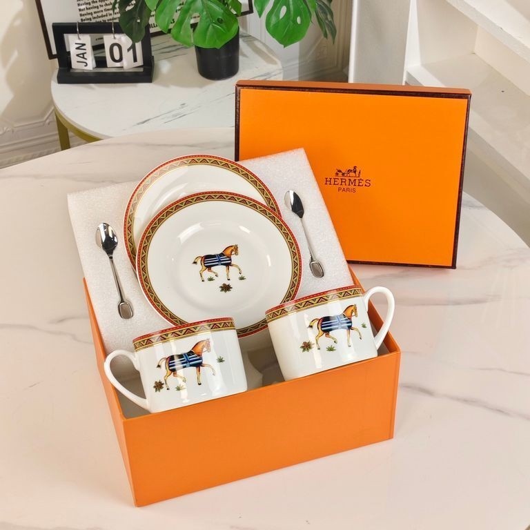 Hermes Tea Cup Set – 2 Cups, 2 Saucers & 2 Spoons Horse Design Luxury Gift Box