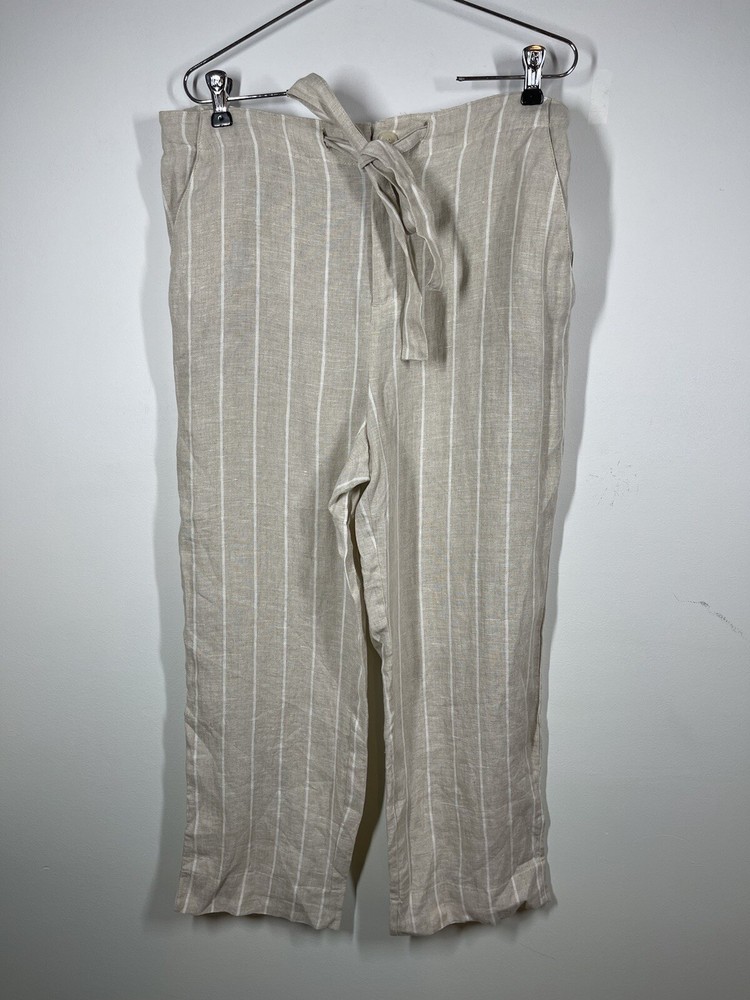 Sanctuary Women’s 100% Tan Linen White Striped Pants Tie Waist Pockets Size 29