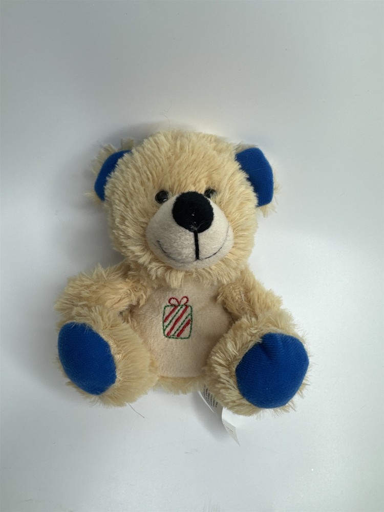 Plush Beige and Blue Happy Smiling Holiday Bear Plush with Embroidered Present