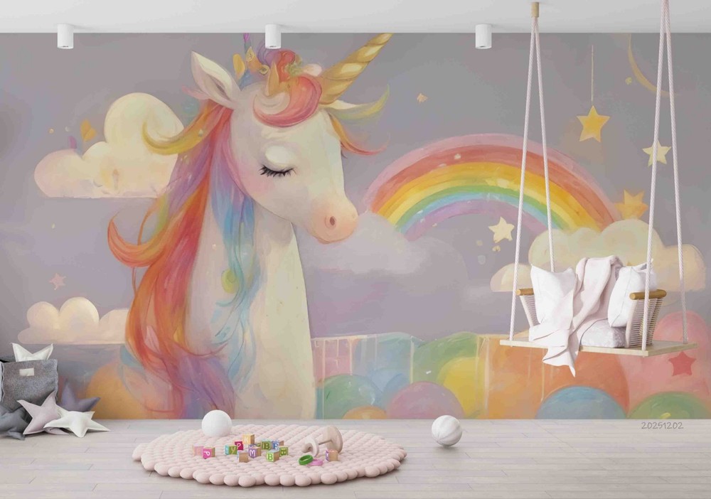 3D Unicorn Rainbow Cartoon Watercolor Wall Murals Wallpaper Murals Wall Sticker