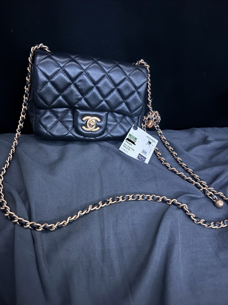 CHANEL Black Mini Square Pearl Crush Gold Ball Lambskin Flap Bag 22S Brand new