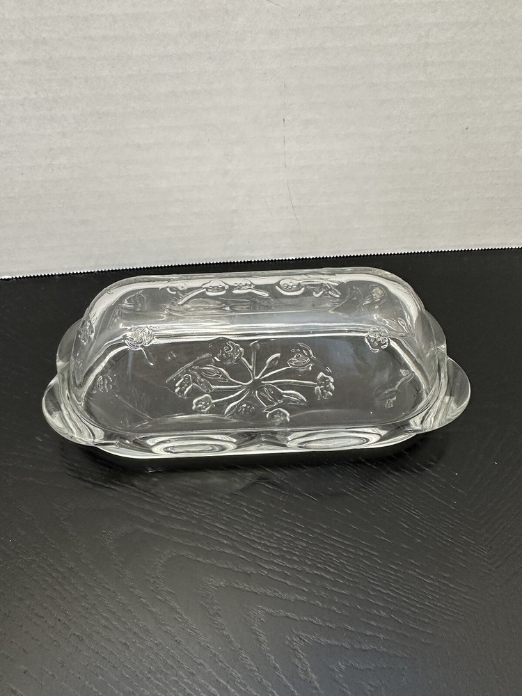 VTG Anchor Hocking Savannah Clear Glass Scalloped Edge Butter Dish with Floral Design