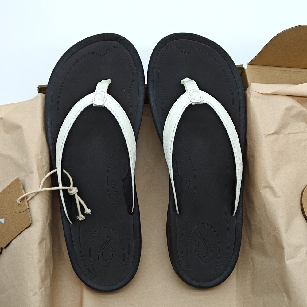 OluKai Kulapa Kai Womens Size 7-11 White Black Flip Flops 20198-4R40