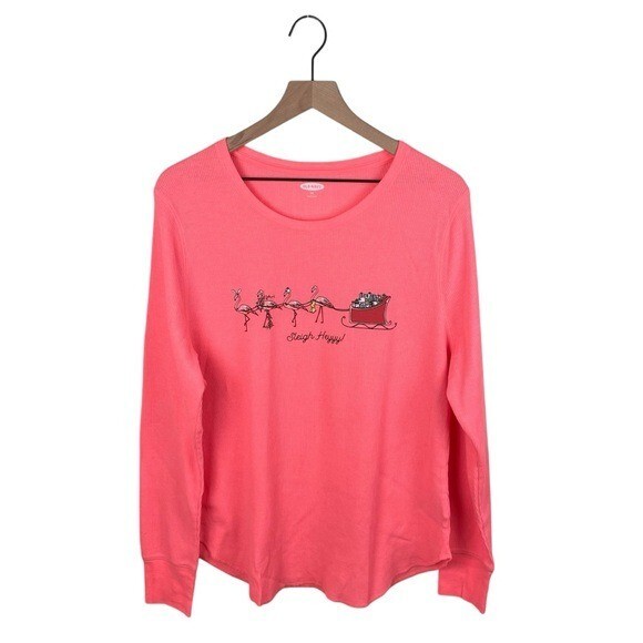 Old Navy Waffle Knit Thermal Tee Shirt Sleigh Heyyy Flamingo Women's Size XXL