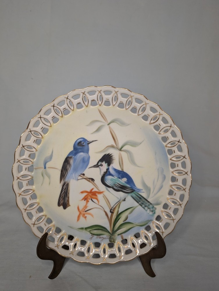 Vintage UCAGCO Signed Hand-Painted 8-Inch Bird Wall Plates with Reticulated Edge