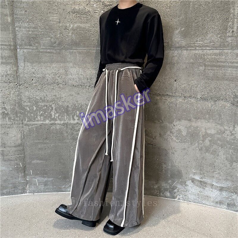 Rope Belt Loose Irregular Trouser Pleated Wide-leg Pants Men Glossy Big-leg Pant